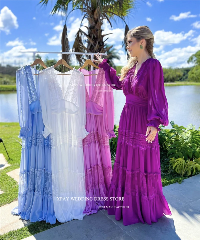 XPAY Elegant A-Line Prom Dresses V-Neck Long Sleeves Floor-Length  Dubai Arabic Women Formal Evening Gowns Cocktail Party Dress