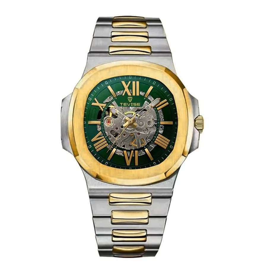 

Men's Automatic Mechanical Watch, Silver Stainless Steel Band, Blue Roman Numerals, Skeleton Dial