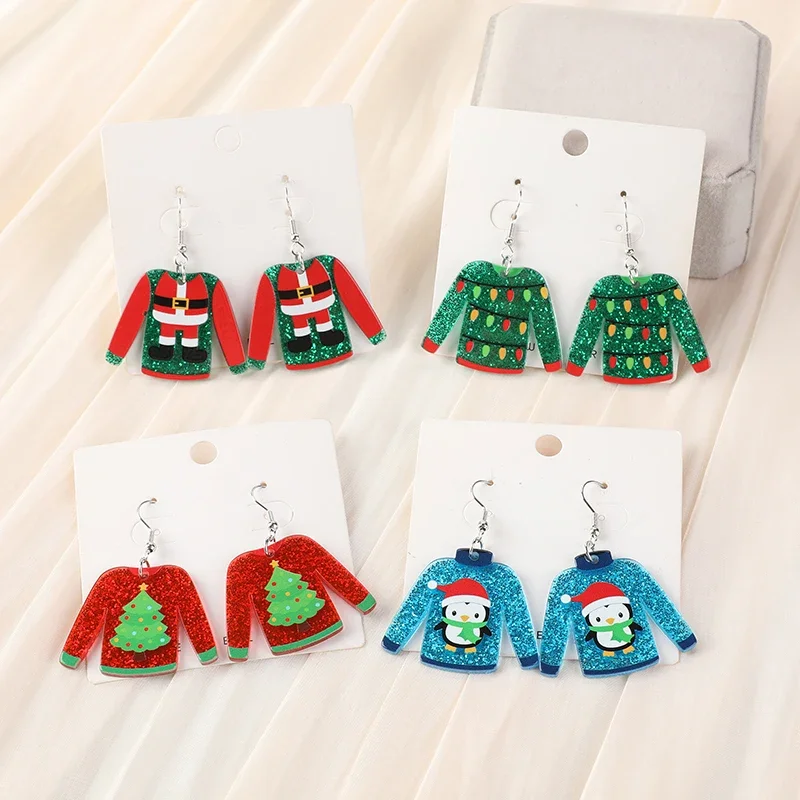 1 Pair Christmas Women Drop Earrings Acrylic Cute Multicolour Sweater Fashion Jewelry For Woman Girl Holiday Birthday Gift