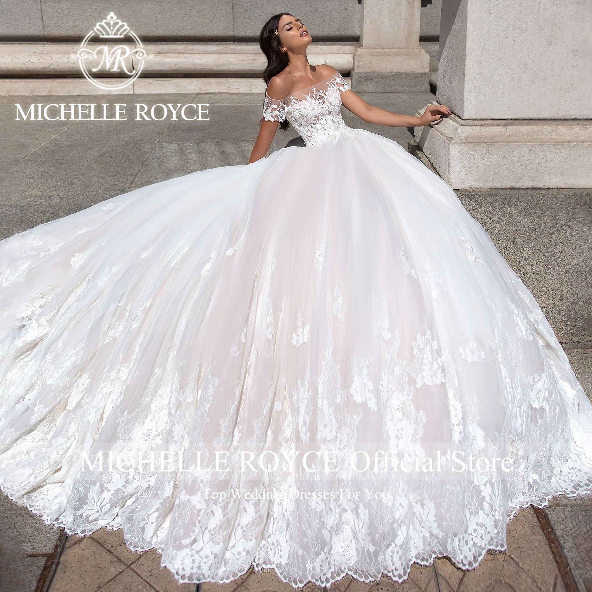 Michelle Royce-vestido De Novia De manga corta con cuello De barco para mujer, traje De boda con apliques, 2024