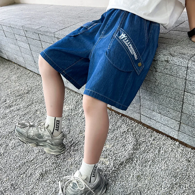 2025 Kids New Designer Boy Loose Fit Summer Jeans Shorts Tweens Child Luxury Retro Blue Denim Shorts for 5-14 Years Teenagers