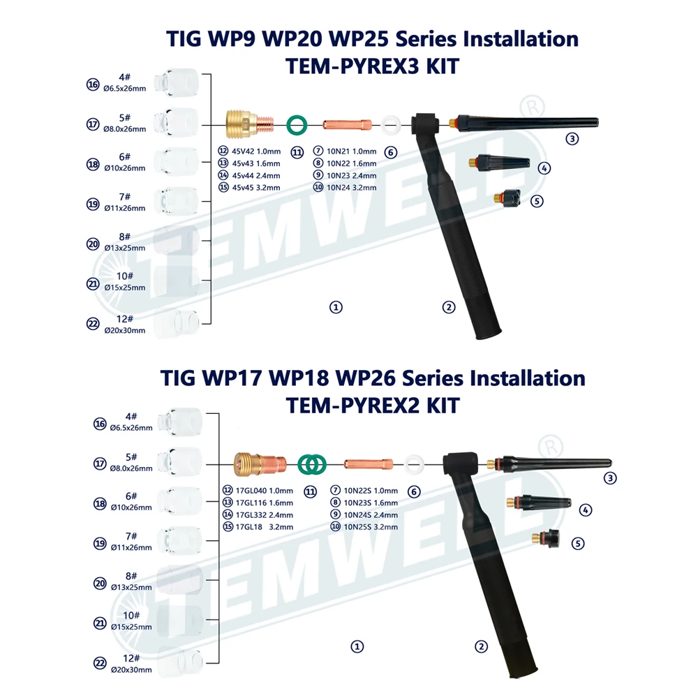 Lente de gás atarracado da tocha de soldagem TEMWELL TIG # 4 # 5 # 6 # 7 # 8 # 10 # 12 conjuntos de vidro para WP17 WP18 WP26 é fácil de montar e usar