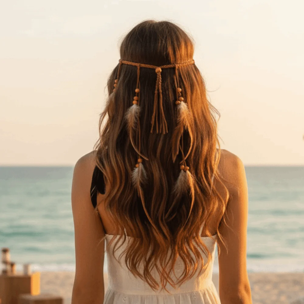 Cascading Tassels Long Feather Headpiece Intricate Beadwork Hand-tied Plumage Bohemian Tassel Headband Flowing Aesthetic