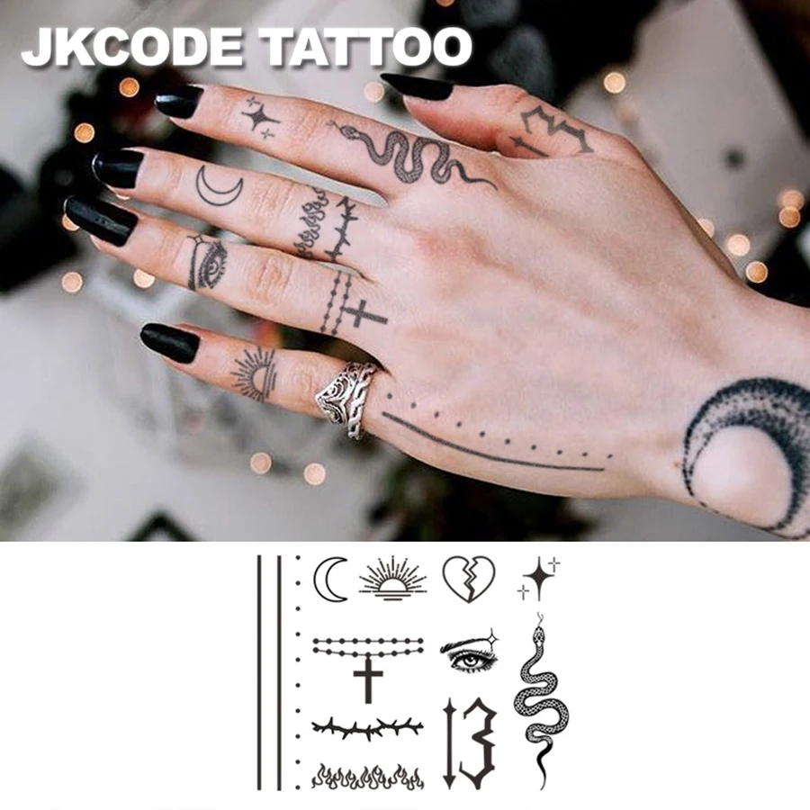 Minimal Tattoo Herbal Mix Temporary Tattoo Stickers Dark Gothic Style Lines Snake Eyes Star Sun 12 Patterns Cute Tattoos Fashion Accessories for Girls Women's Finger Hand Neck Tattoos Long-Lasting Waterproof for 15 Days