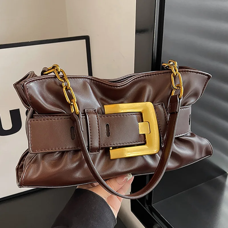 

Soft Leather Cloud Bag Clutch Bag High Quality Texture Pleated Metal Belt Buckle Design Large Capacity Shoulder Bag Underarm Bag