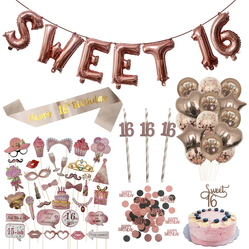 

Rosegold Sweet 16 Balloons Banner Straws Cake Topper Photo Booth Props For Girl 16 Year Old Birthday Party Anniversary Supplies