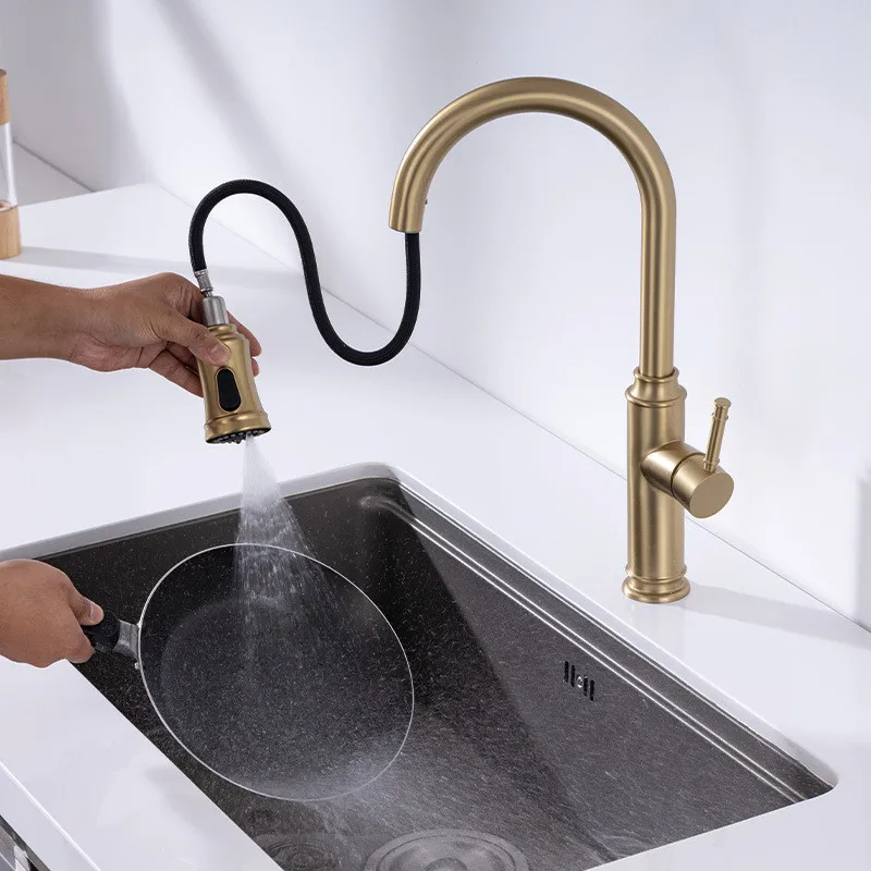 Brushed Gold Pull Out Kitchen Faucet Brass Gray Sink Faucet Tap 360 degree rotation torneira cozinha mixer taps Gold Kitchen Tap