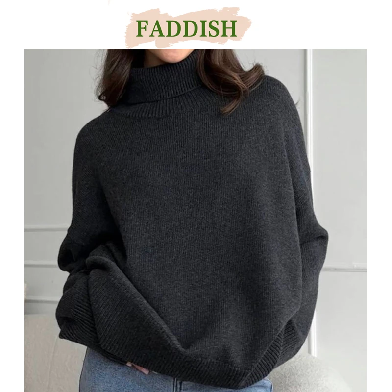 FADDISH 2024 Autumn Winter Women Fashion Loose Turtleneck Knitted Sweaters Female Solid Color Casual Long Sleeve Top Pullovers