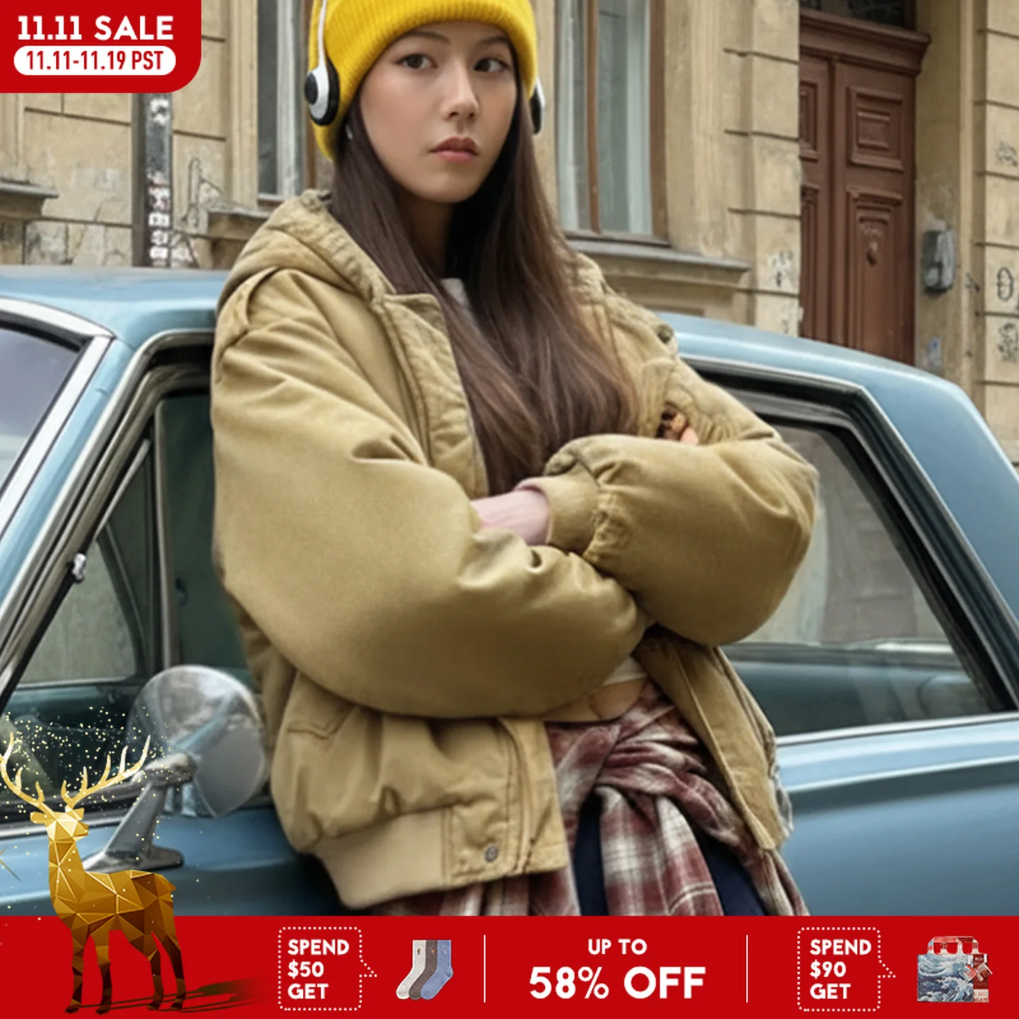 

Maden Women Hooded MA-1 Bomber Jacket Cotton Padded Short Coat Thick Warm Casual Khaki Flight Jacket Vintage Utility Style