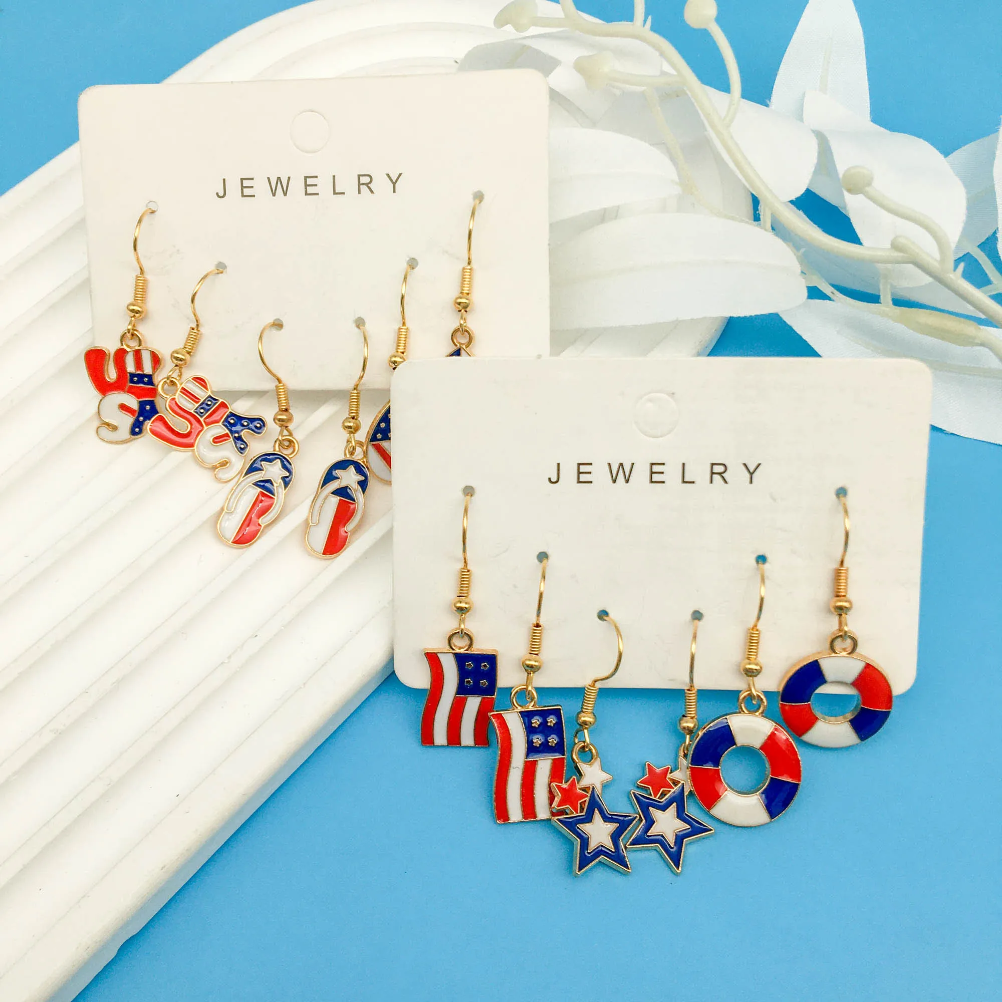 3 Pairs/ Set American Independence Day Flag Series Earrings Elegant Ethnic Style Alloy Jewelry Trendy Female Gift