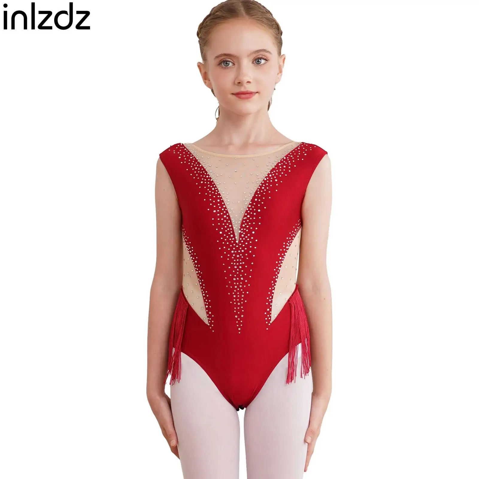 

Kids Girls Figure Ice Skating Leotard Latin Dance Tassel Bodysuit Gymmnastic Ballet Lyrical Dance Performance Dance Costume