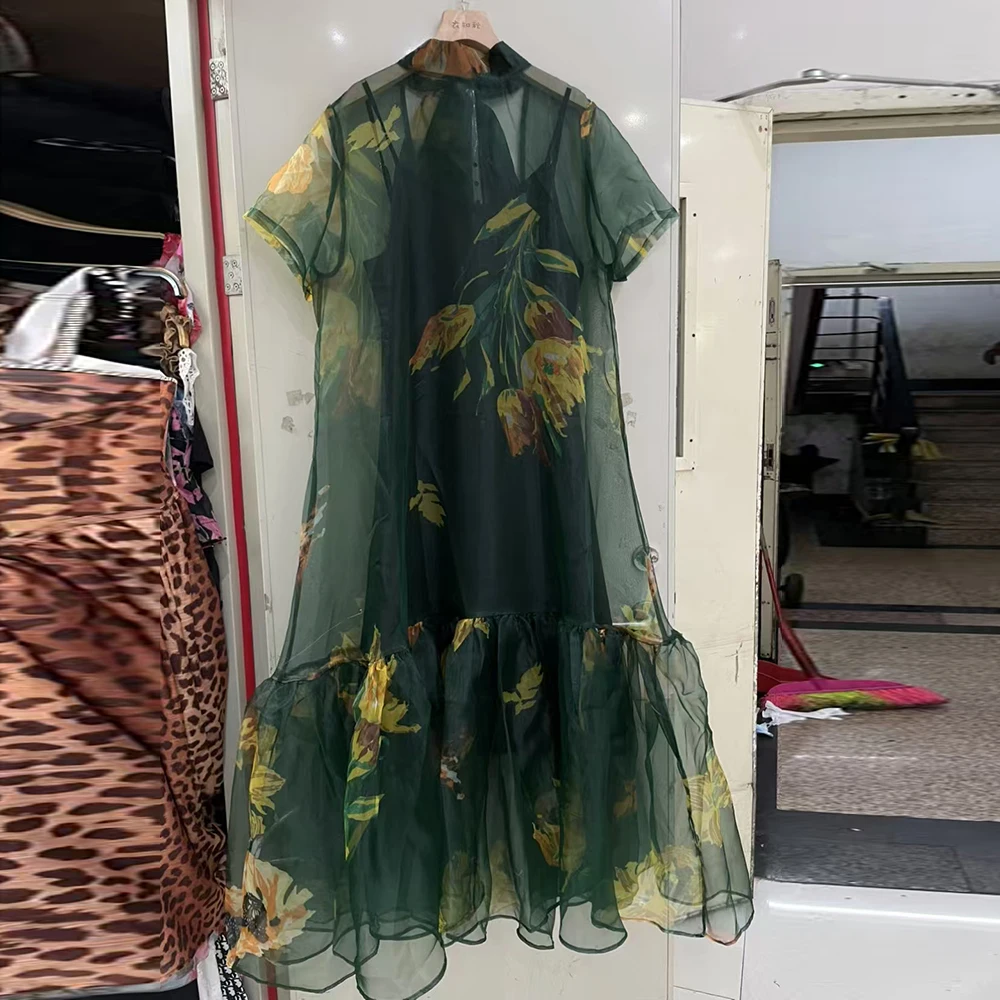 TWOTWINSTYLE, vestidos elegantes holgados con estampado empalmado para mujer, cuello redondo, manga corta, vestido con pliegues de malla de retales para mujer