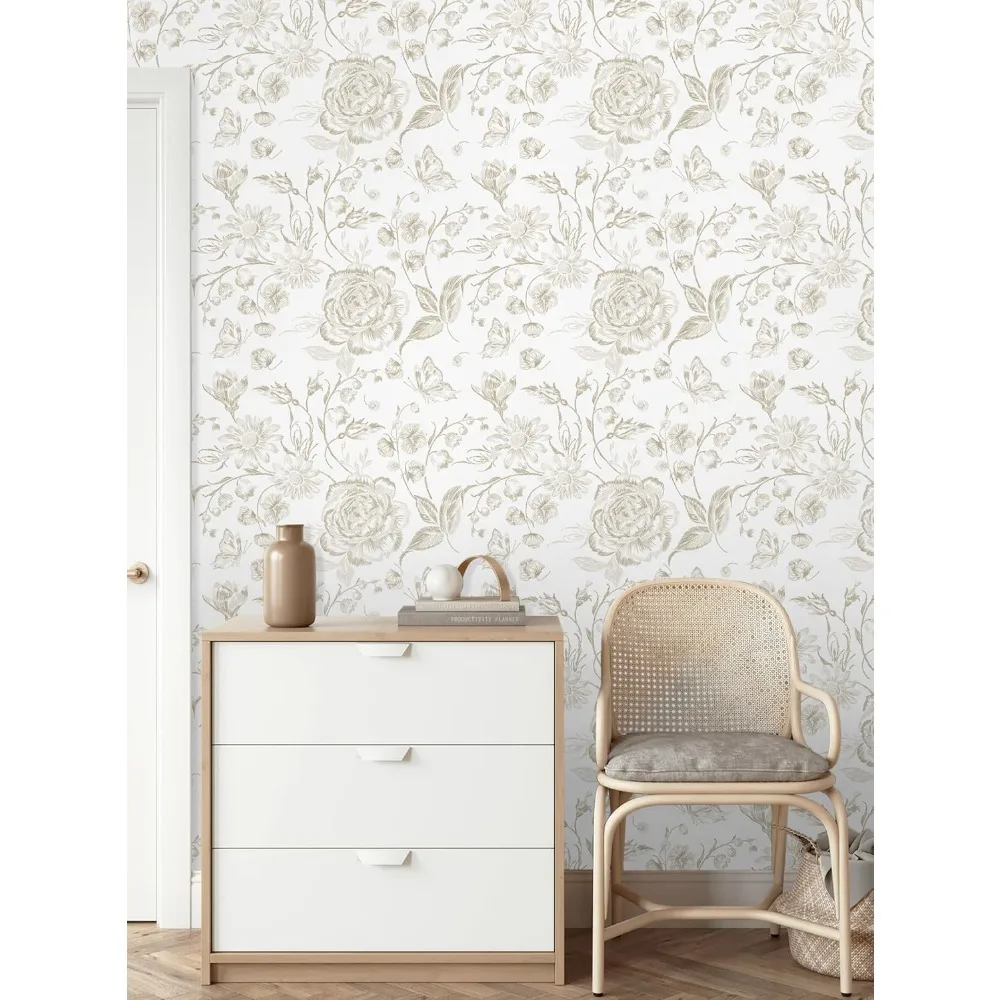ورق جدران قابل للتقشير واللصق، ورق حائط مزين بالزهور، ورق اتصال مطرز بوهو لغرفة النوم، ورق حائط للحمام، بيج وأبيض قابل للإزالة S