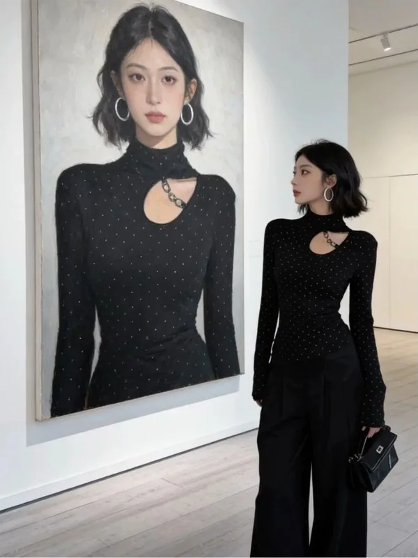 

plus Size Hollow out Polka Dot Long Sleeve T-Shirt Women's Slim Fit Casual Top Black Spring 2026 New Style Versatile Innerwear