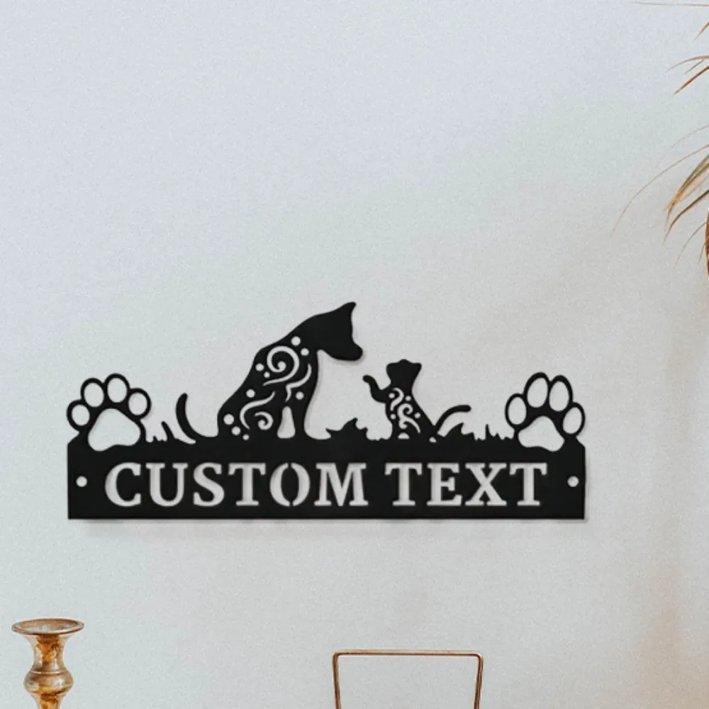

Uniquely Tailored Dog & Cat Silhouette Metal Wall Sculptures with Custom Text on Durable Iron: Ideal Outdoor Pet Decor