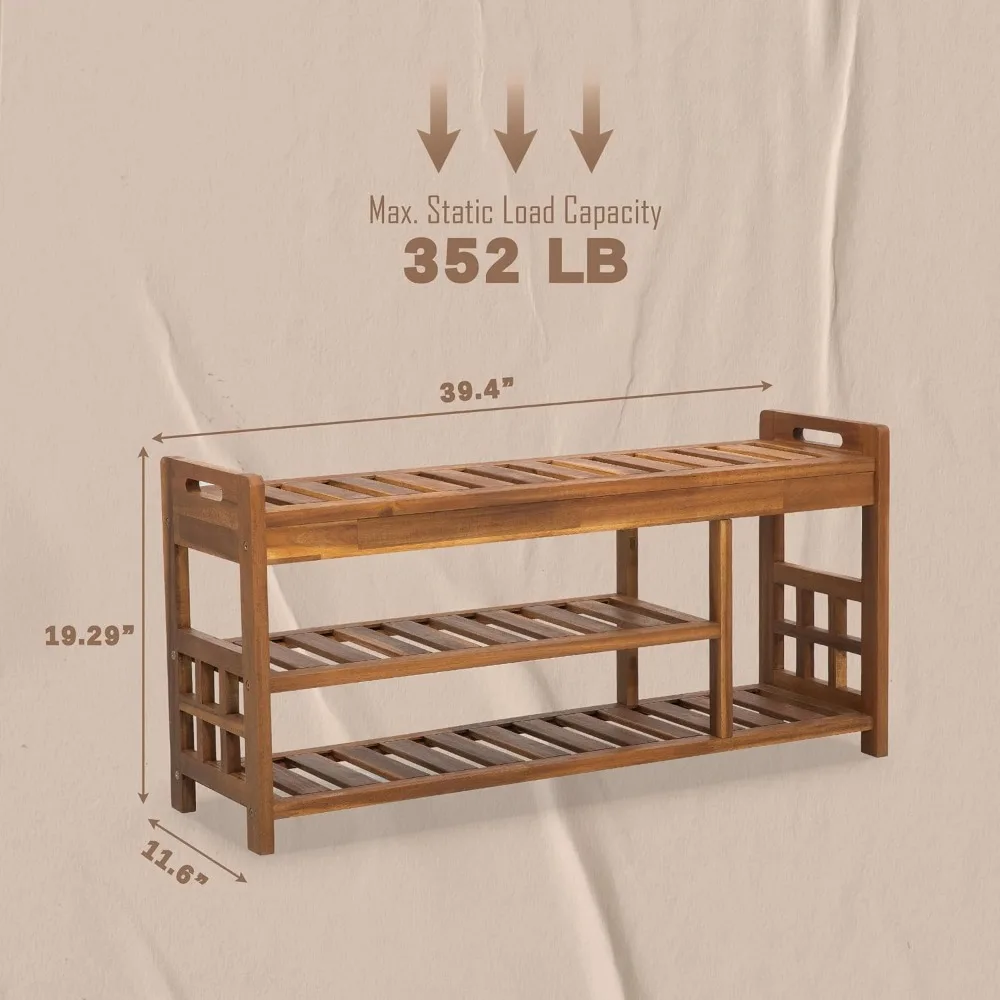 مقعد تخزين الأحذية من خشب السنط مع مقعد مبطن ومقابض سهلة الحركة - منظم مدخل متعدد المستويات #3