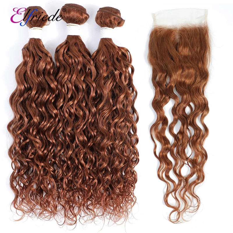 

Elfriede #30 Medium Auburn Water Wave Colored Hair Bundles with Closure 100% Remy Human Hair 3 Bundles with Lace Closure 4x4