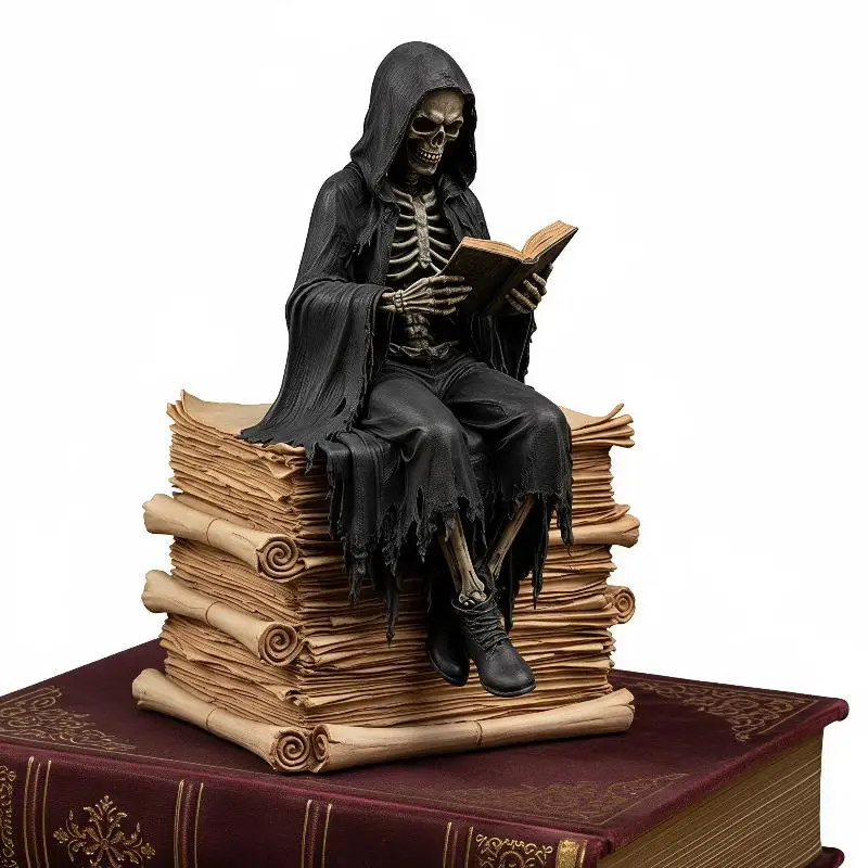 Grim Reaper Reading Statue Resin Black Hooded Skull Miniature Figurine Halloween Home Desktop Ornaments Gothic Decor