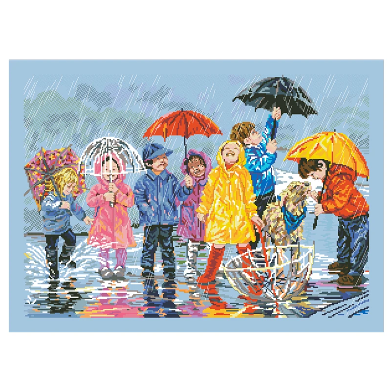 Fun in the rain cross stitch children play package 18ct 14ct 11ct light blue embroidery DIY handmade needlework