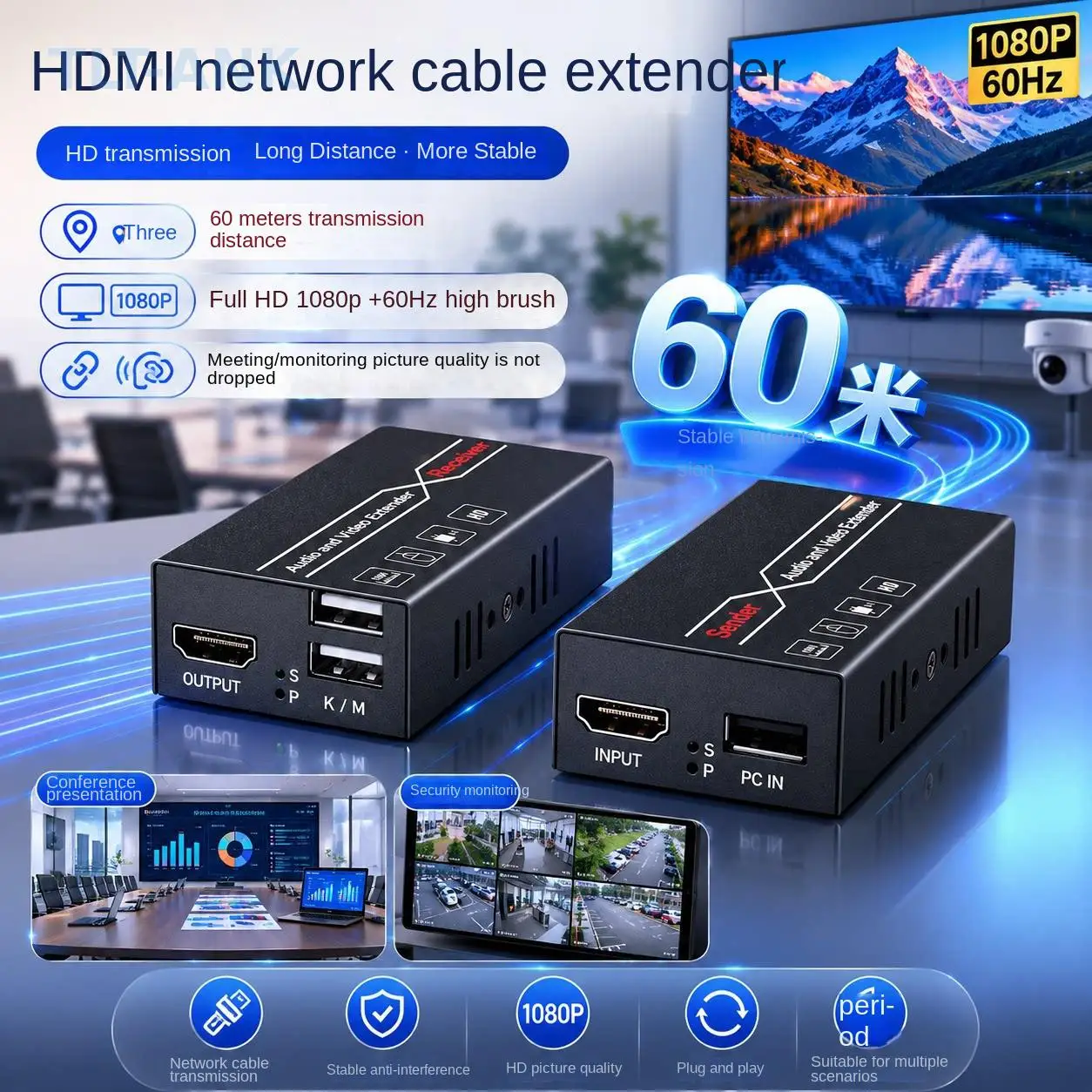 HDMI Over IP Extender with KVM Function, Supports USB Keyboard & Mouse, HD Audio Video Network Transmitter Receiver for Surveill