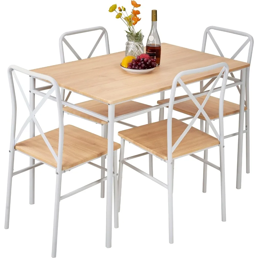 

5-Piece Kitchen Dining Table Set, Wood Tabletop & Heavy-Duty Metel Frame, Rectangle Dinette with 4 Chairs for Small Space