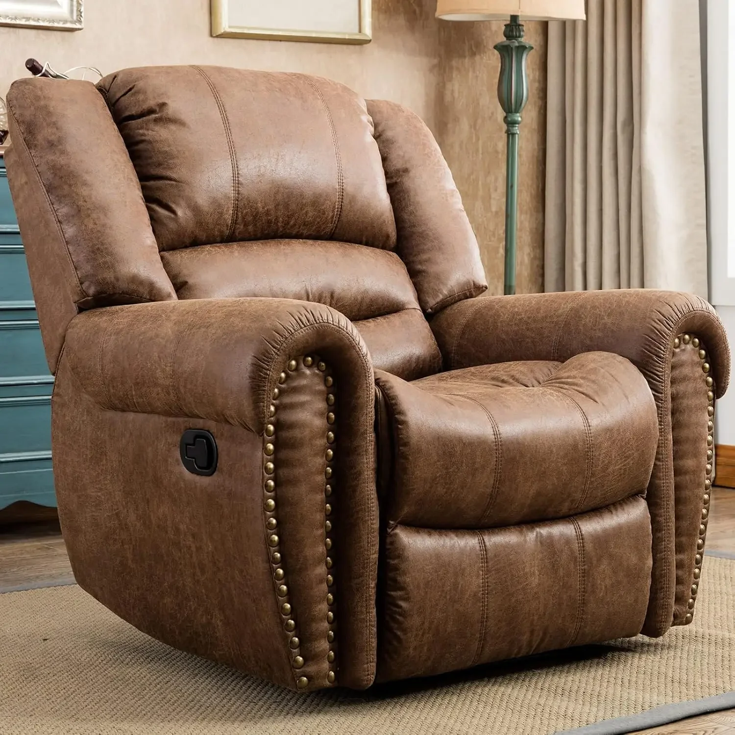 Leather Recliner Chair, Classic and Traditional Manual Recliner Chair with Comfortable Arms and Back Single Sofa