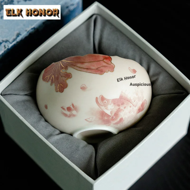 195ml Gold Drawing Hand-painted Red Fish Algae Teacup Elegant Tea Bowl Tea-tasting Smelling Cup Jianzhan Master Cups Drinkware