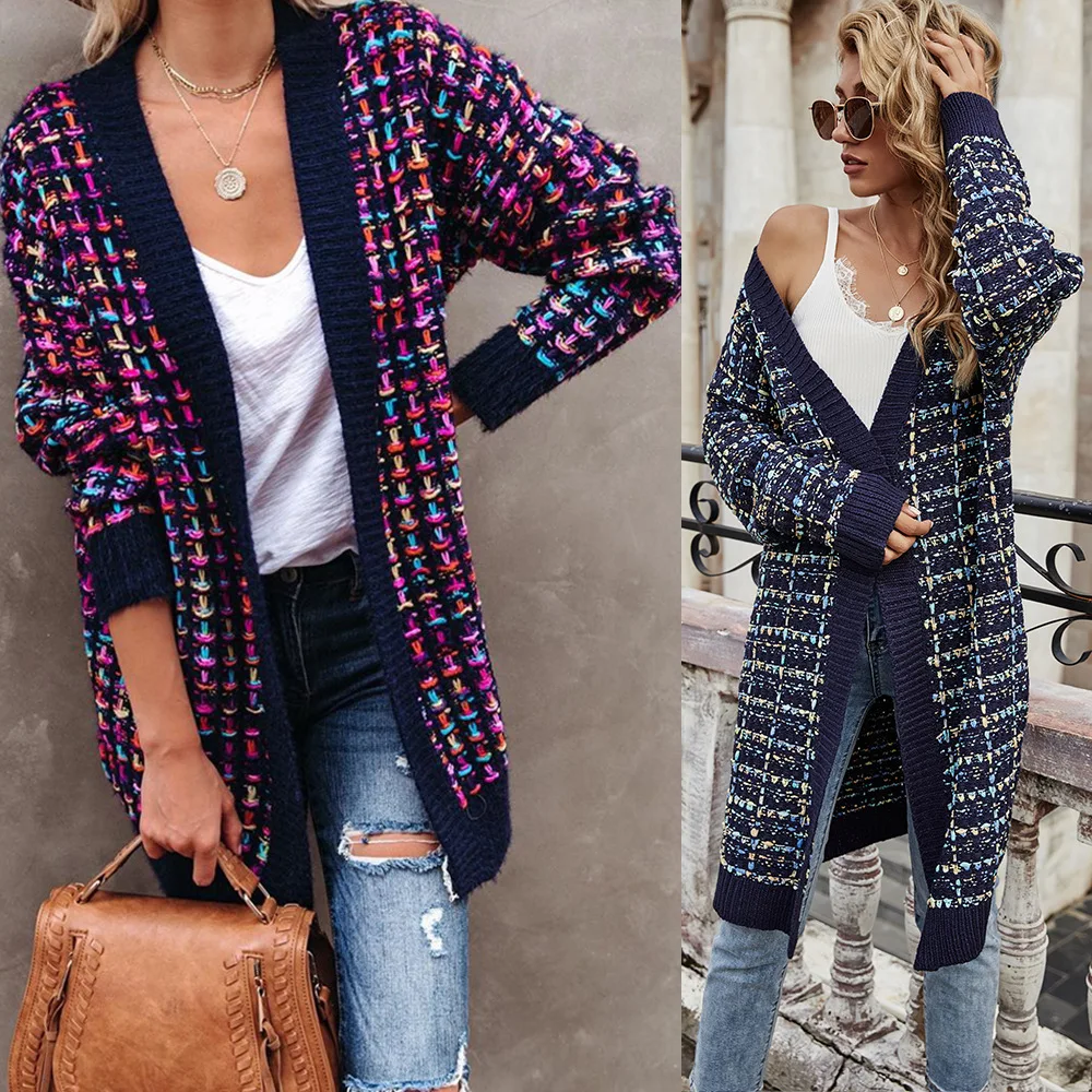 

Knitted Sweaters Women Cardigan Mid Length Coats Plaid Print Coat Full Sleeve Elegant Splice Autumn Winter Open Stitch