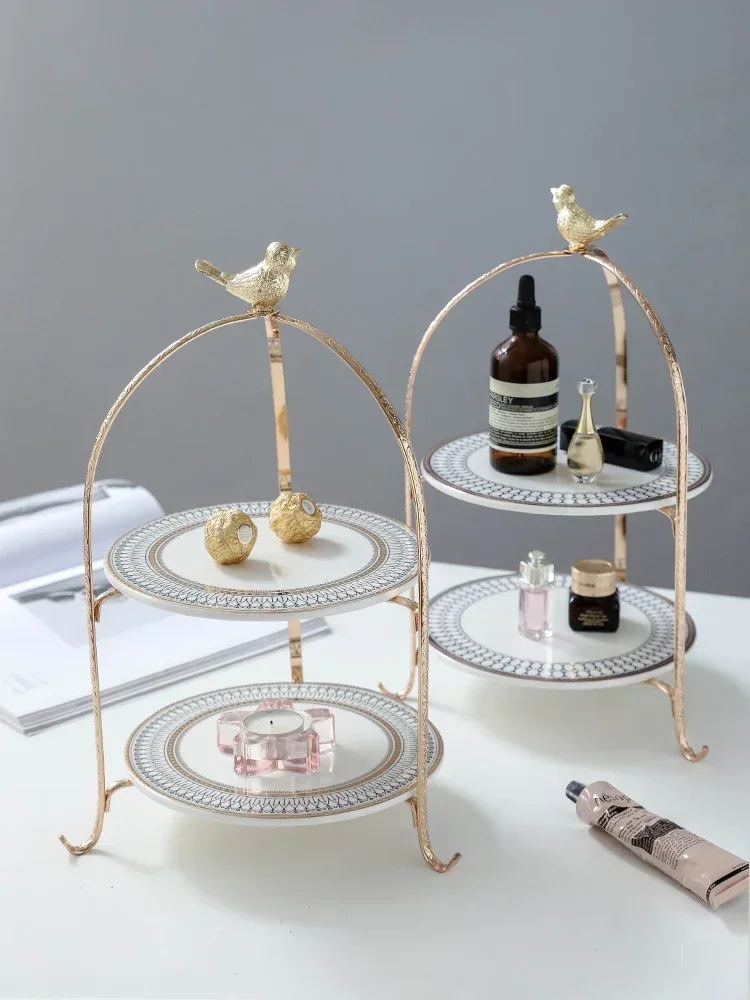 

European-style double-decker dessert table, luxurious golden three-tiered cake dessert rack, western-style dish table, household