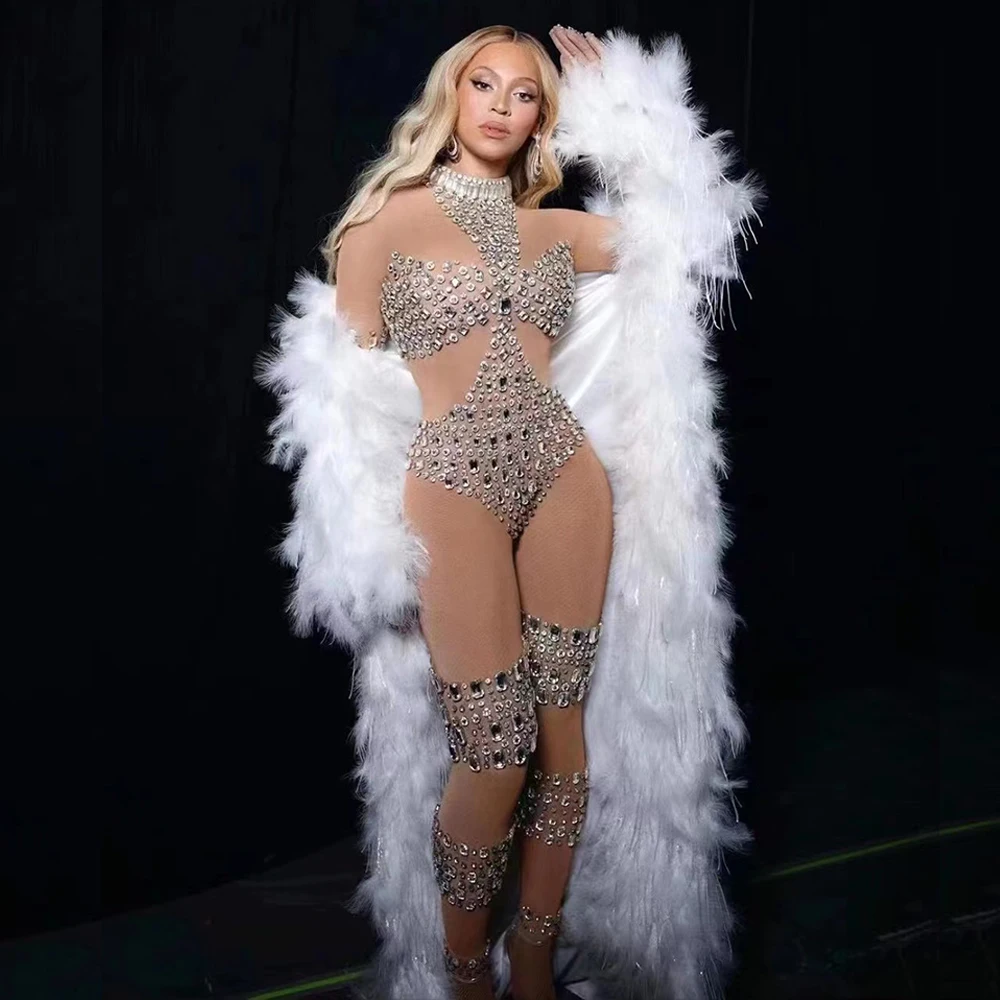 

2023 New Fashion Celebrity Superstar Performance Costume Stage Wear Women Long Sleeve Sparkly Crystal Mesh Bodycon Jumpsuit