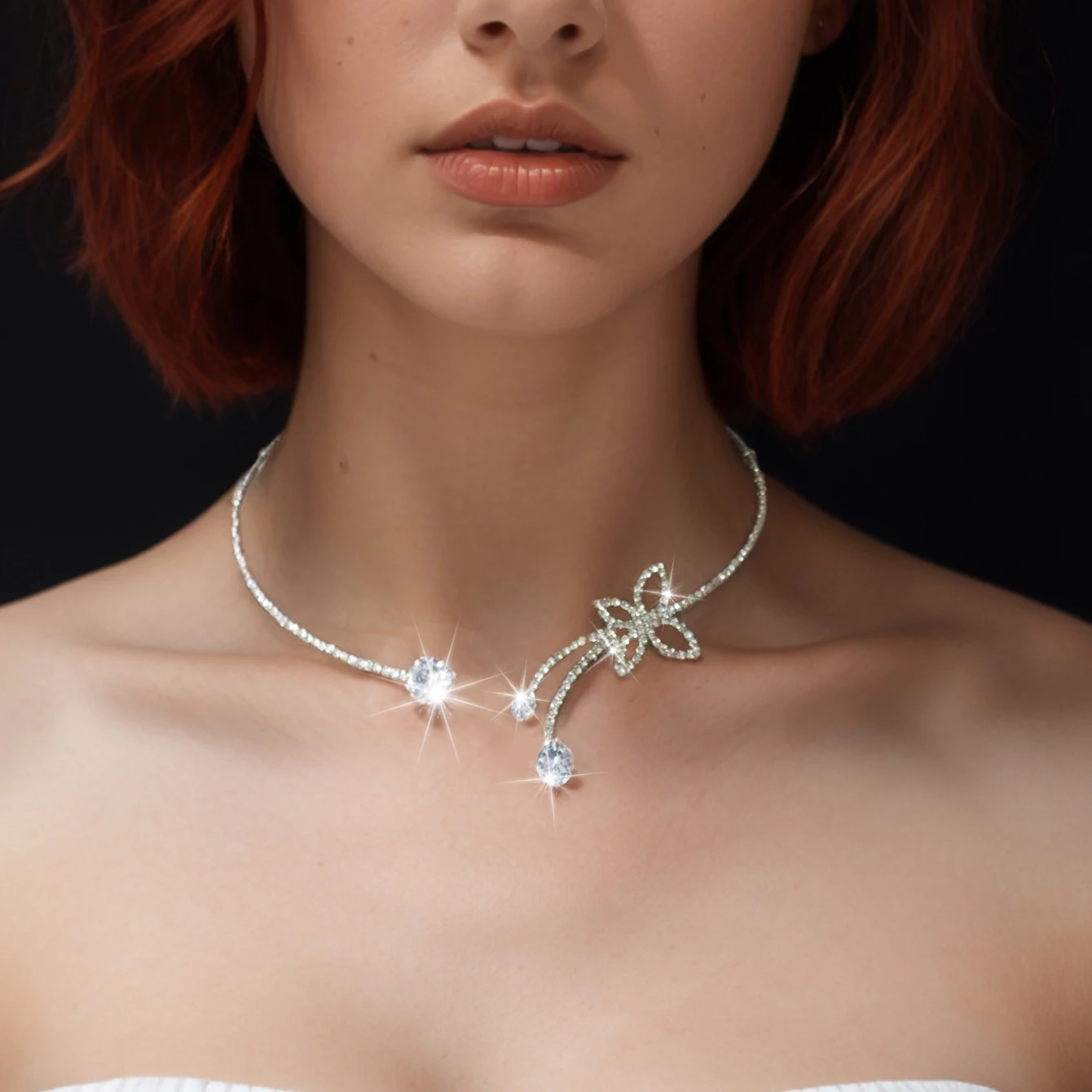 New Rhinestone butterfly collar with niche design, sweet necklace, simple and full diamond collarbone chain, bridal neck accesso