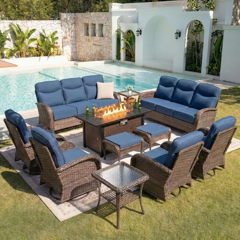 11-Piece Outdoor Wicker Furniture Set with Fire Pit Table, High Back Swivel Rockers - Brown/Blue