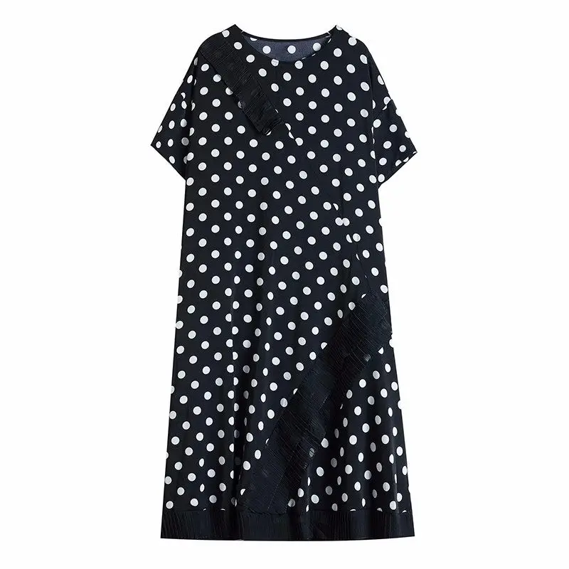 Vintage Stijl Panel Lace Dot Gedrukt Lange Jurk 2023 Zomer Nieuwe Losse Slanke Zwarte Jurk Korte Mouw Vrouwen Casual Kleding z837