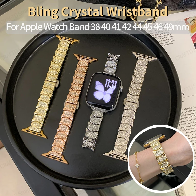 Sparkling Rhinestone Wrist Strap for Apple Watch 49 45 44 42 41 40mm Fish Scale Metal Band for IWatch 11 10 9 8 7 6 Accessories