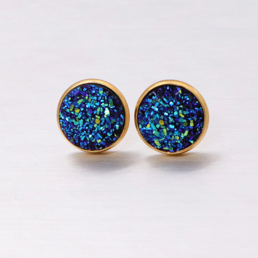 6pair/lot Glitter Round Stud Earrings Gold Color Stainless Steel Jewelry for Women Colorful Resin Druzy Drusy Ear Studs Earrings