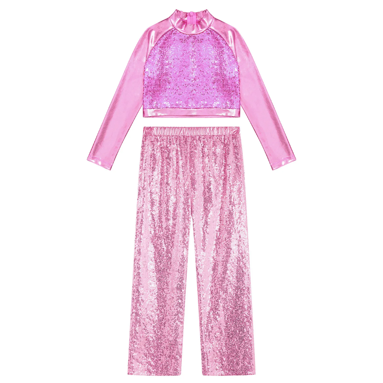 Kids Girls Sparkly Sequins Dance Stage Costume 2Pcs Long Sleeve Crop Top and Wide-Leg Pants Street Modern Dance Cheerleader Set
