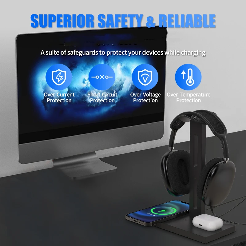 

Multi Functional 3-in-1 Wireless Charging Headphone Stand Desktop Gaming Headphone Stand Mobile Bluetooth Headphone Chargingdock