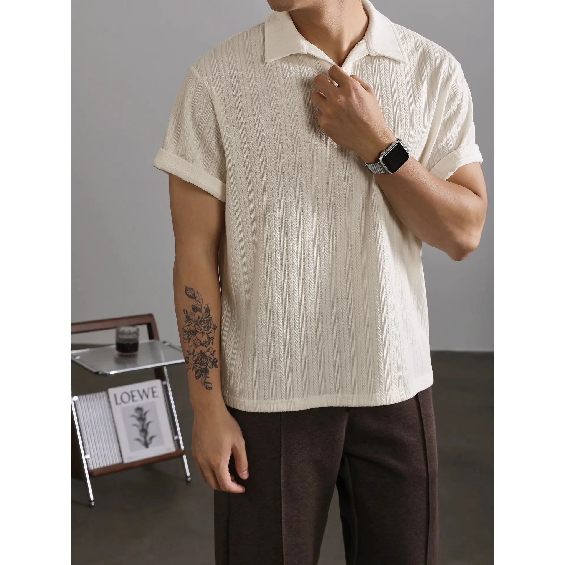 Summer Wheat Texture V-Neck Ice Silk Breathable Slim Short Sleeve Knit Polo Shirt Men's Business Casual Top