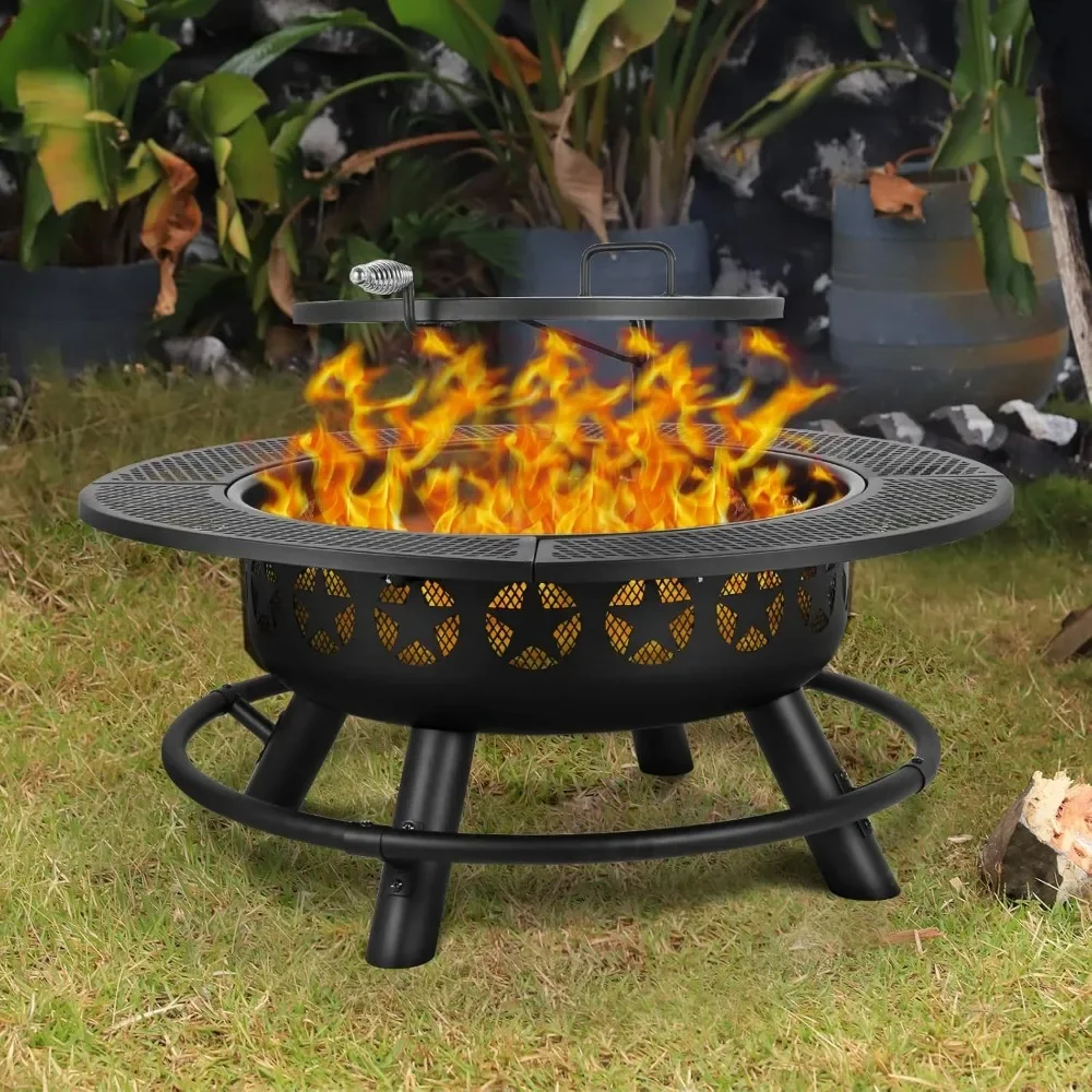 

35 Inch Fire Pit with Cooking Grate & Charcoal Pan, Outdoor Wood Burning BBQ Grill Firepit Bowl with Cover Lid, Steel R