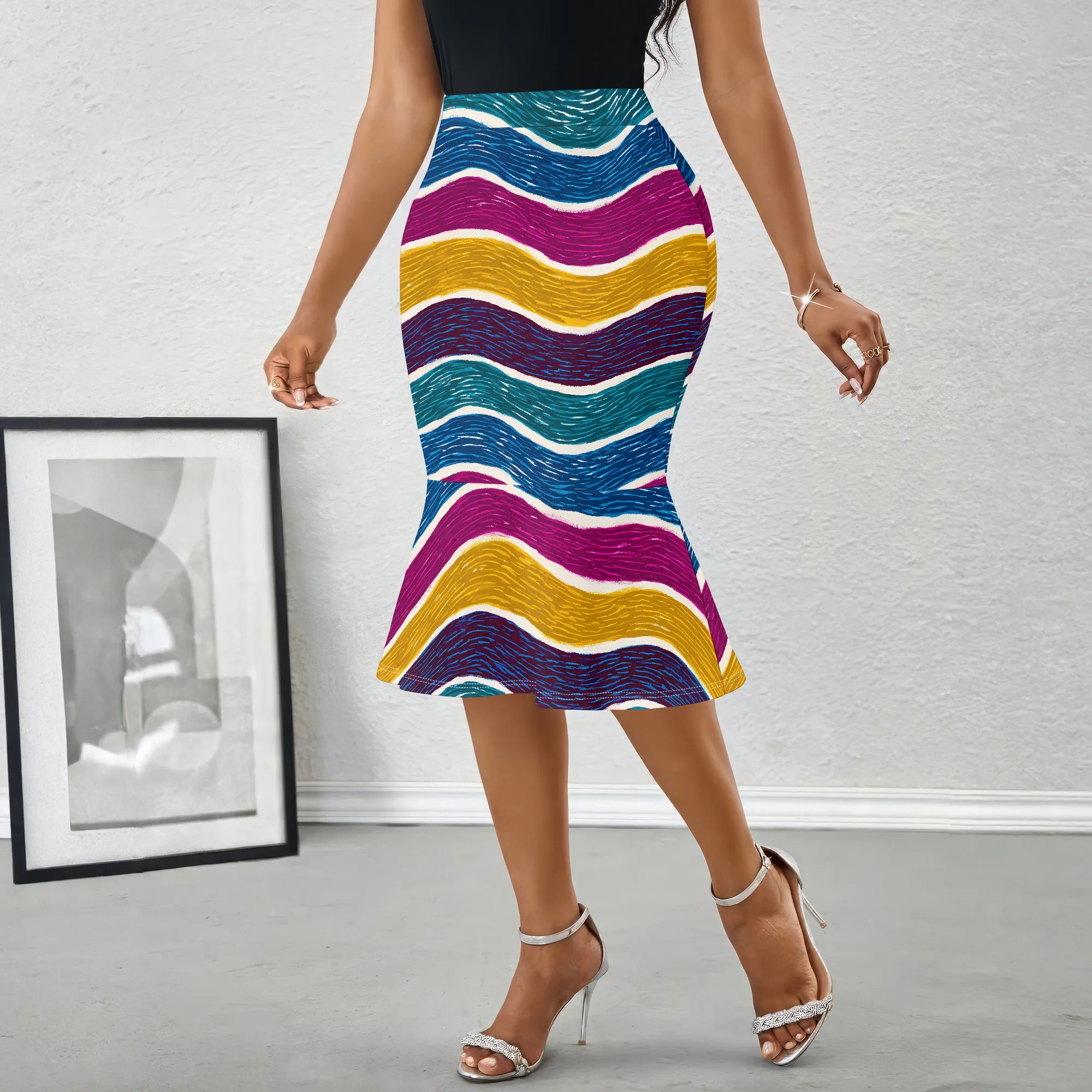Colorful Waves Print Midi Skirt, Vibrant Pattern Pencil Skirt, Bodycon Fit for Women Party Office, S-2XL