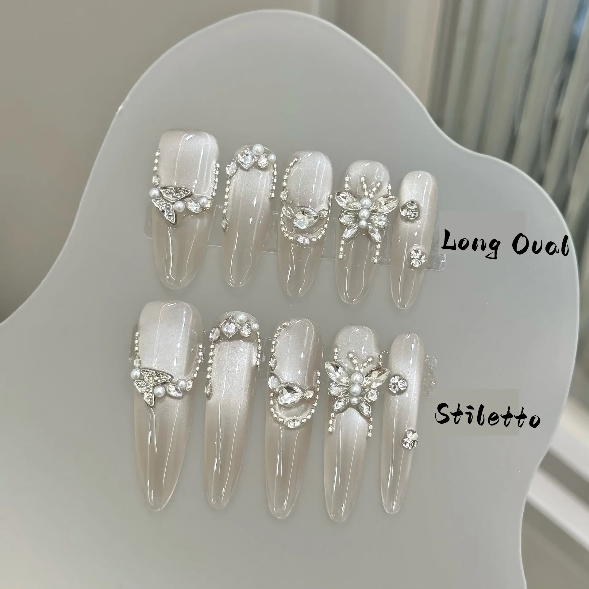 10 Stück reine handgepresste lange ovale/Stiletto-Nagelkunst, schöne künstliche Nägel, glänzender Katzenaugen-Diamantschmetterling, Muttertagsgeschenk.