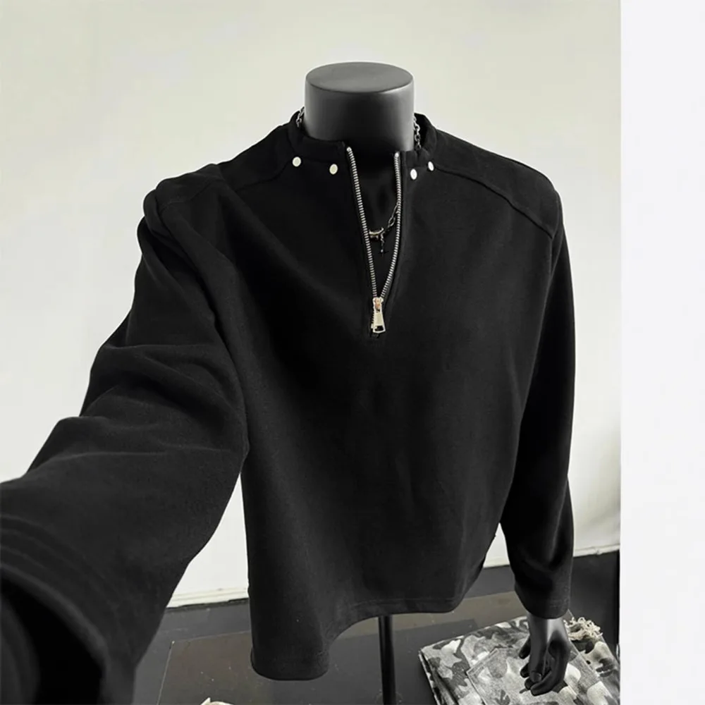 

Black Shoulder Padded Zipper Hoodie Men's Long Sleeve American Style Autumn Winter T-Shirt Short Coat Nail Head Design Casual...