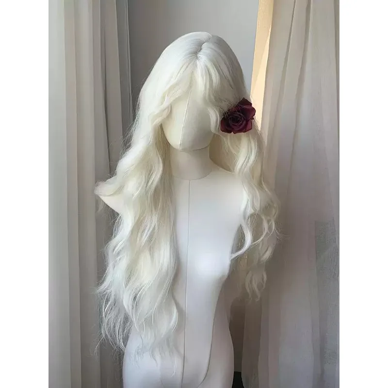 Super Long Wavy Curly Wig Cream White Off White Wool Curls Lolita Forest Style Synthetic Hair Wig for Cosplay Halloween