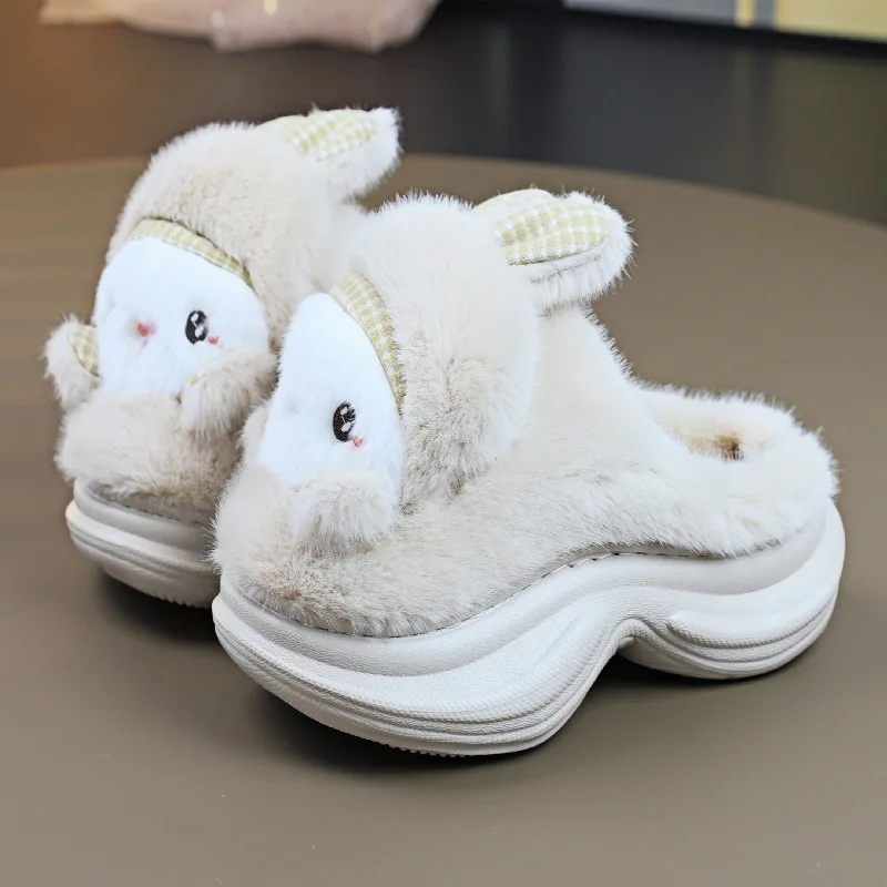 Pink Cute Rabbit Fluffy Slippers Women's Platform Thick Heeled Designer Shoes Girls Cute Home Plush Warm Winter Footwear 2025