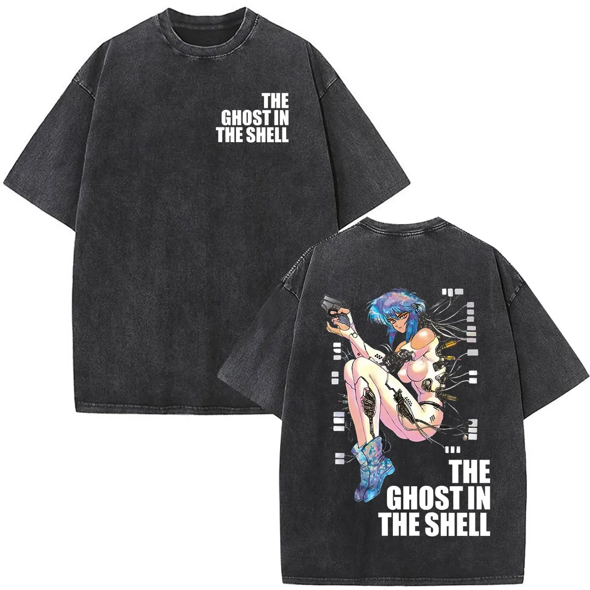 Anime Vintage Washed Ghost in The Shell Motoko Kusanagi T Shirts Men's Women Clothing Fashion Short Sleeve Oversized T-shirts