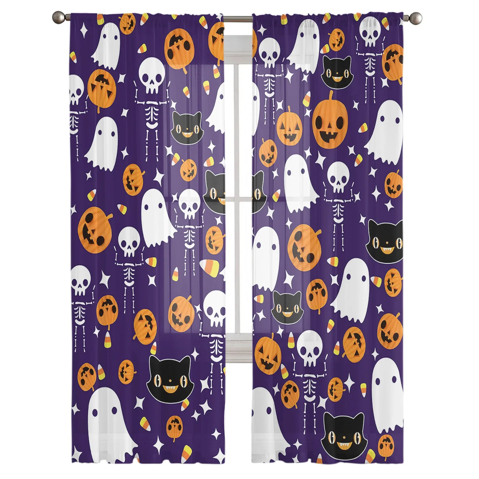 Halloween Pumpkin Candy Black Cat Sheer Curtains For Living Room Tulle Window Curtain Bedroom Kitchen Veil Drapes