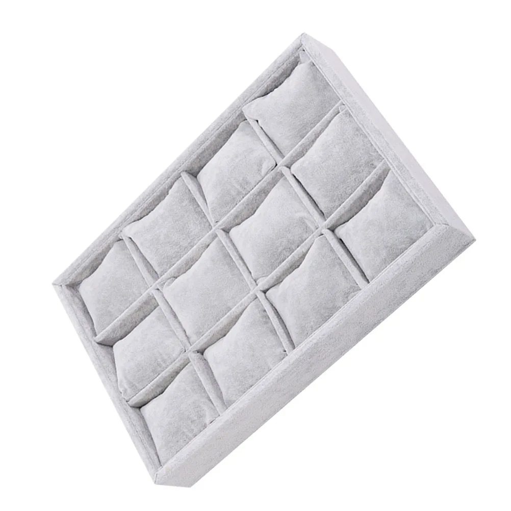 1Pcs Jewelry Display Tray Organizer Box Grey Composite Board Linen 12 Compartments Pillows Storage for Rings Watches Earrings