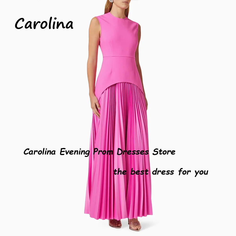 Carolina Fuchsia O-Neck Pleat A-LINE Evening Dress Saudi Arabia 2024 Slim Crepe Sleeveless Ankle-Length Prom Dress