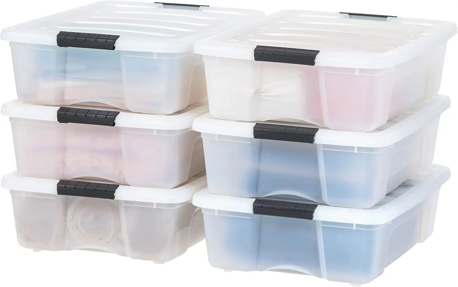 6-Pack 27 Quart Storage Bins with Lids, Pearl | Conceals contents for a clean look. Great for linens, décor, closet storage, and supplies. Nestable design saves space