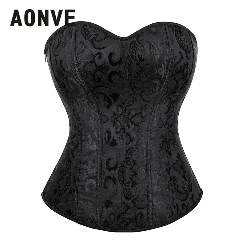 Elegant Corset Tops Jacquard Overbust Side Zipper Black Goth Waist Trainer Lingerie Bustier Body Shapewear Push Up Clothes